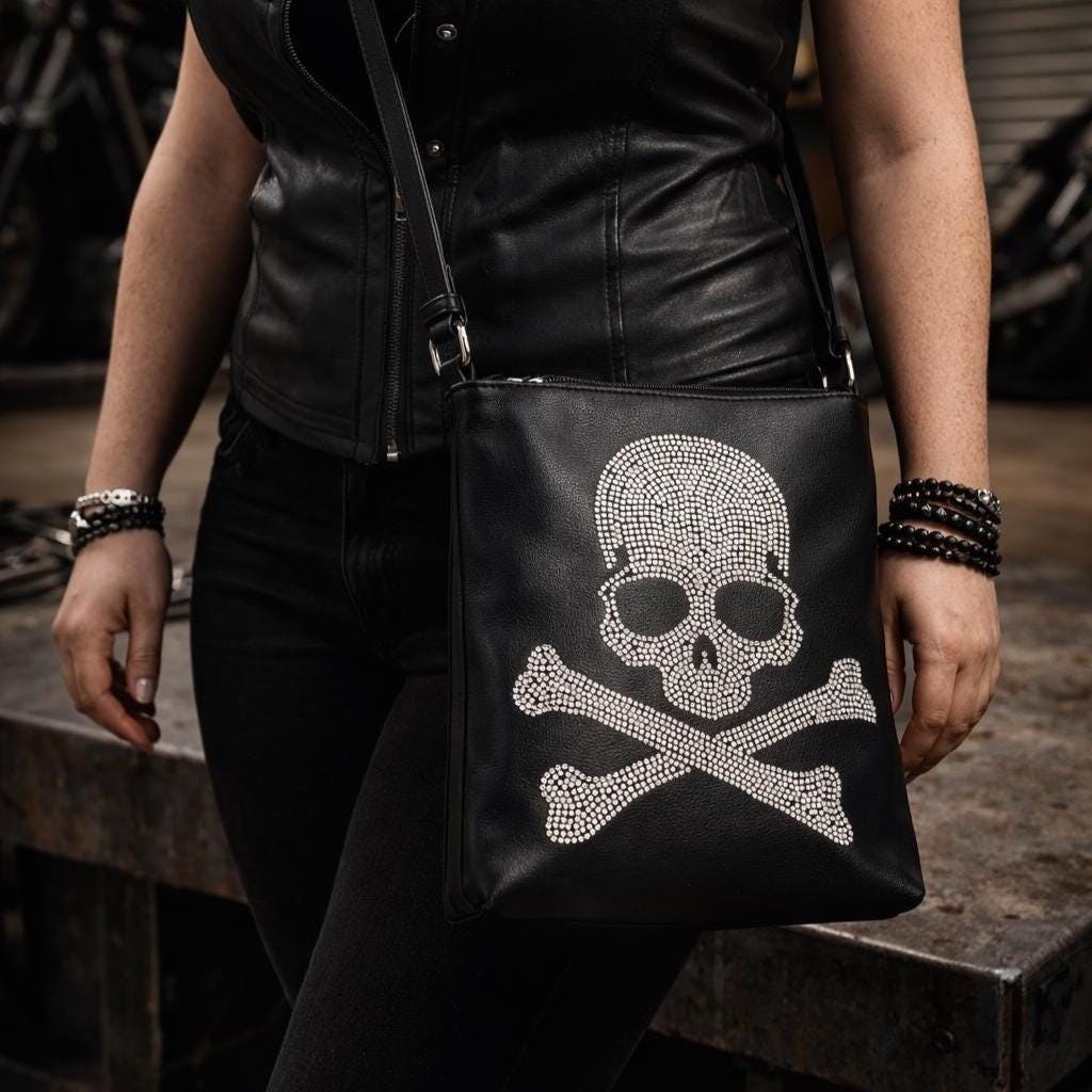 Rhinestone Skull Purse Set: Black Faux Leather Bag and Wallet Combo