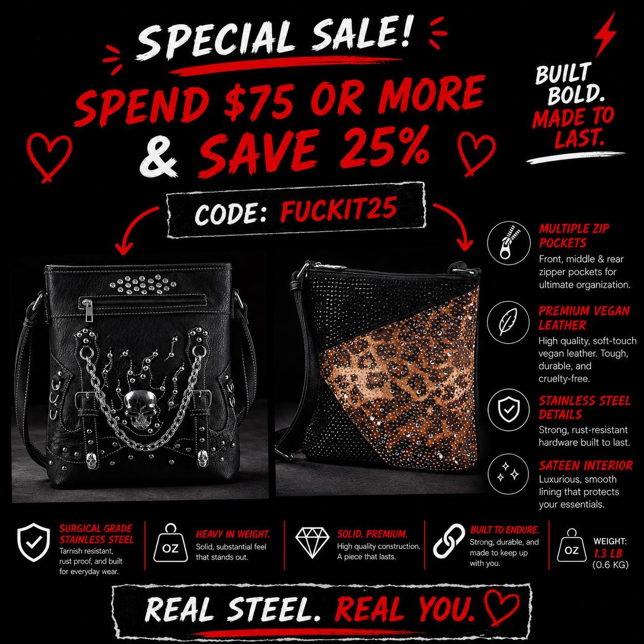 Studded Skull Crossbody Bag: Faux Leather Goth Biker Purse with Adjustable Shoulder Strap