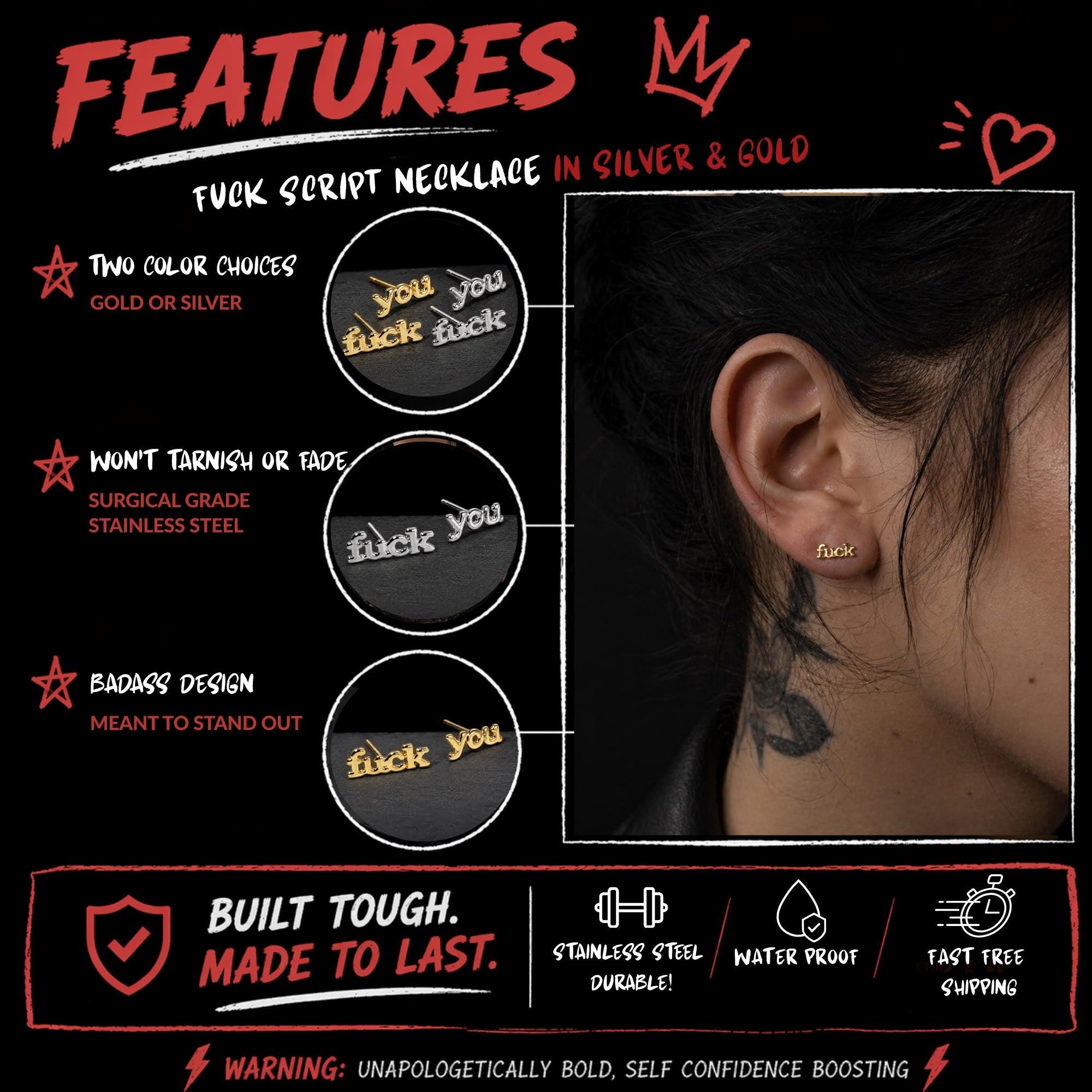 Fuck You Stud Earrings | Gold & Silver | Bold Statement Jewelry | Funny Gift for Her