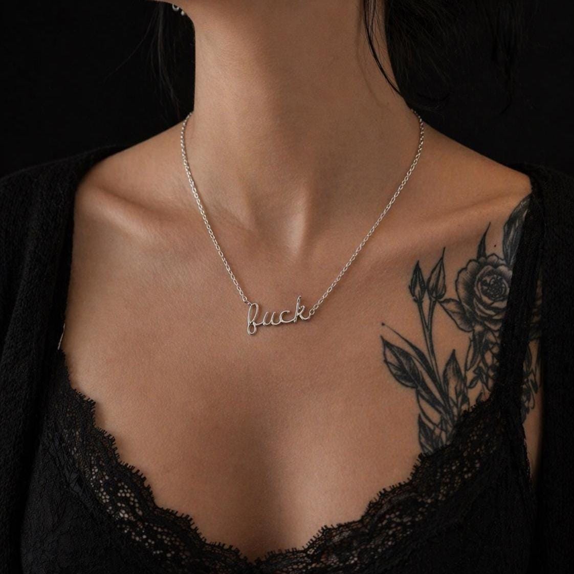 Custom Pave Fuck Necklace, 18K Gold Plated and Silver Pendant Chain, Bold Statement Jewelry