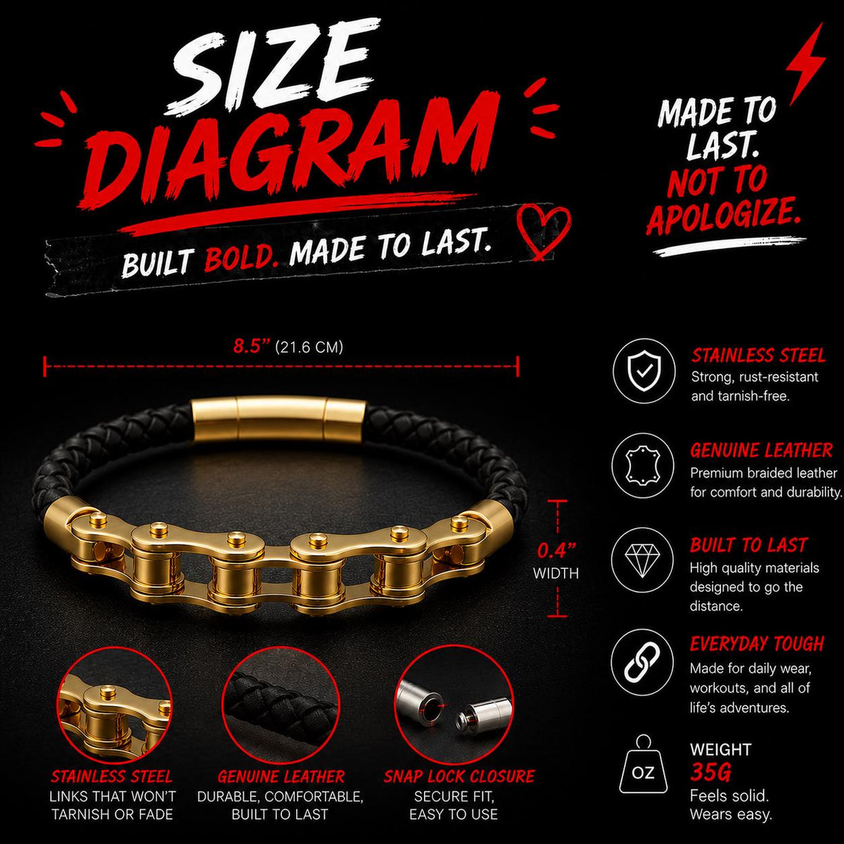 Handmade Leather Chain Link Motorcycle Bracelet for Men in Variety of Colors