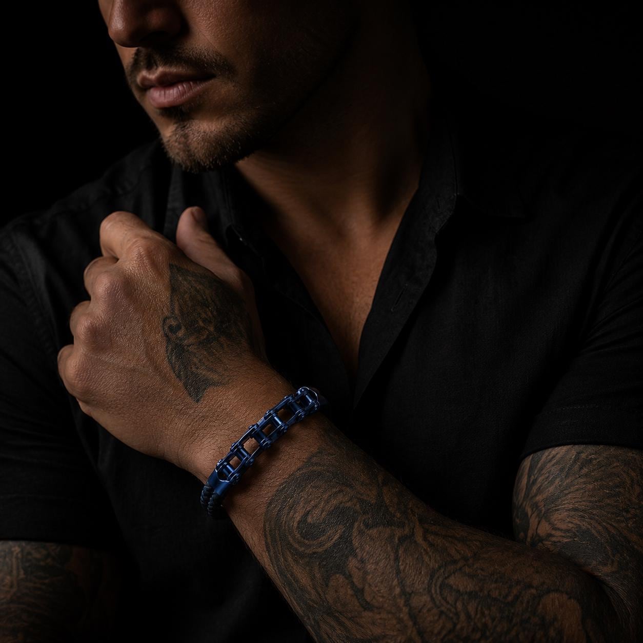 Handmade Leather Chain Link Motorcycle Bracelet for Men in Variety of Colors