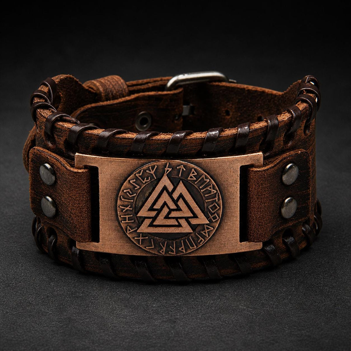 Men’s Viking Leather Cuff Bracelet with Norse Compass, Medieval Warrior Wristband