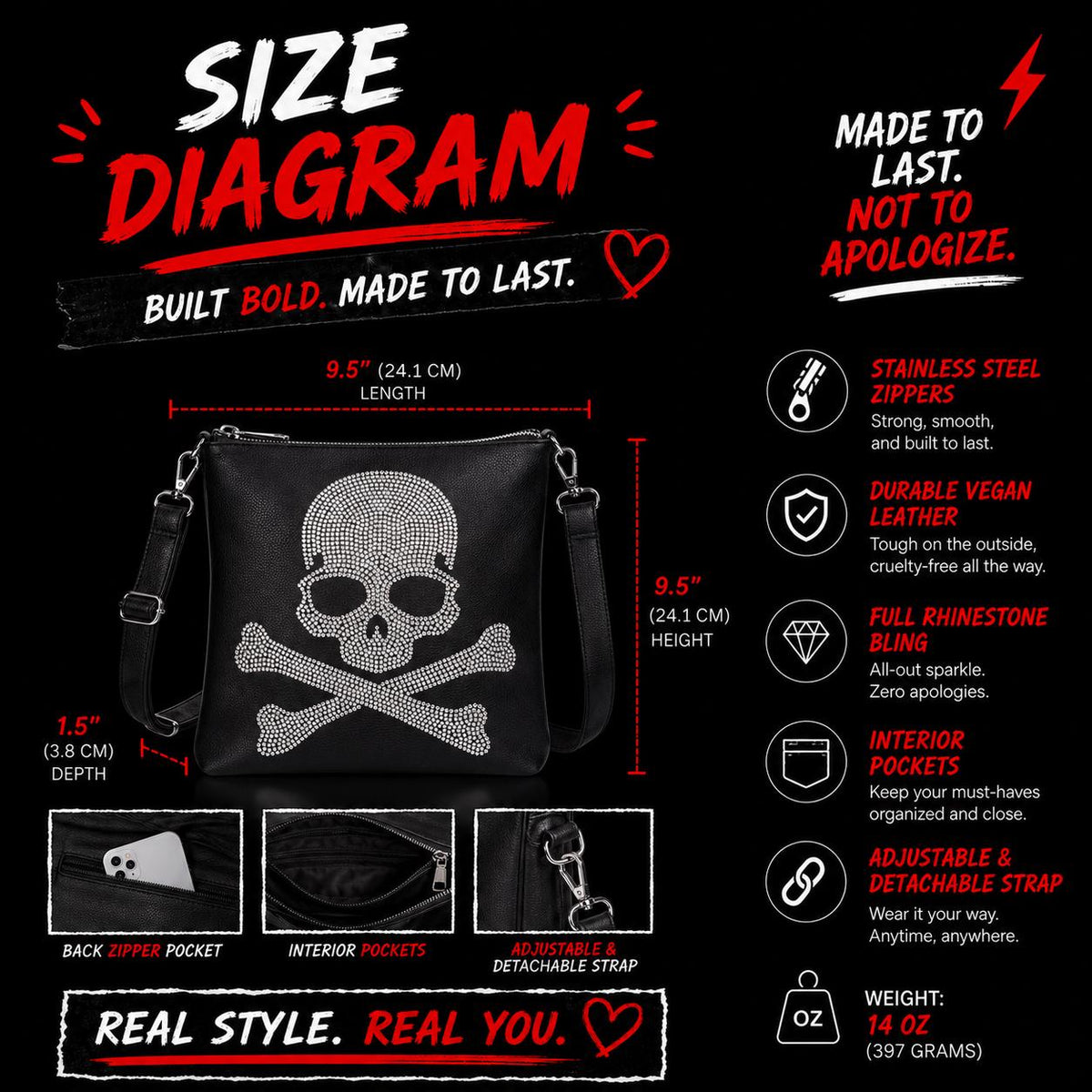 Rhinestone Skull Purse Set: Black Faux Leather Bag and Wallet Combo