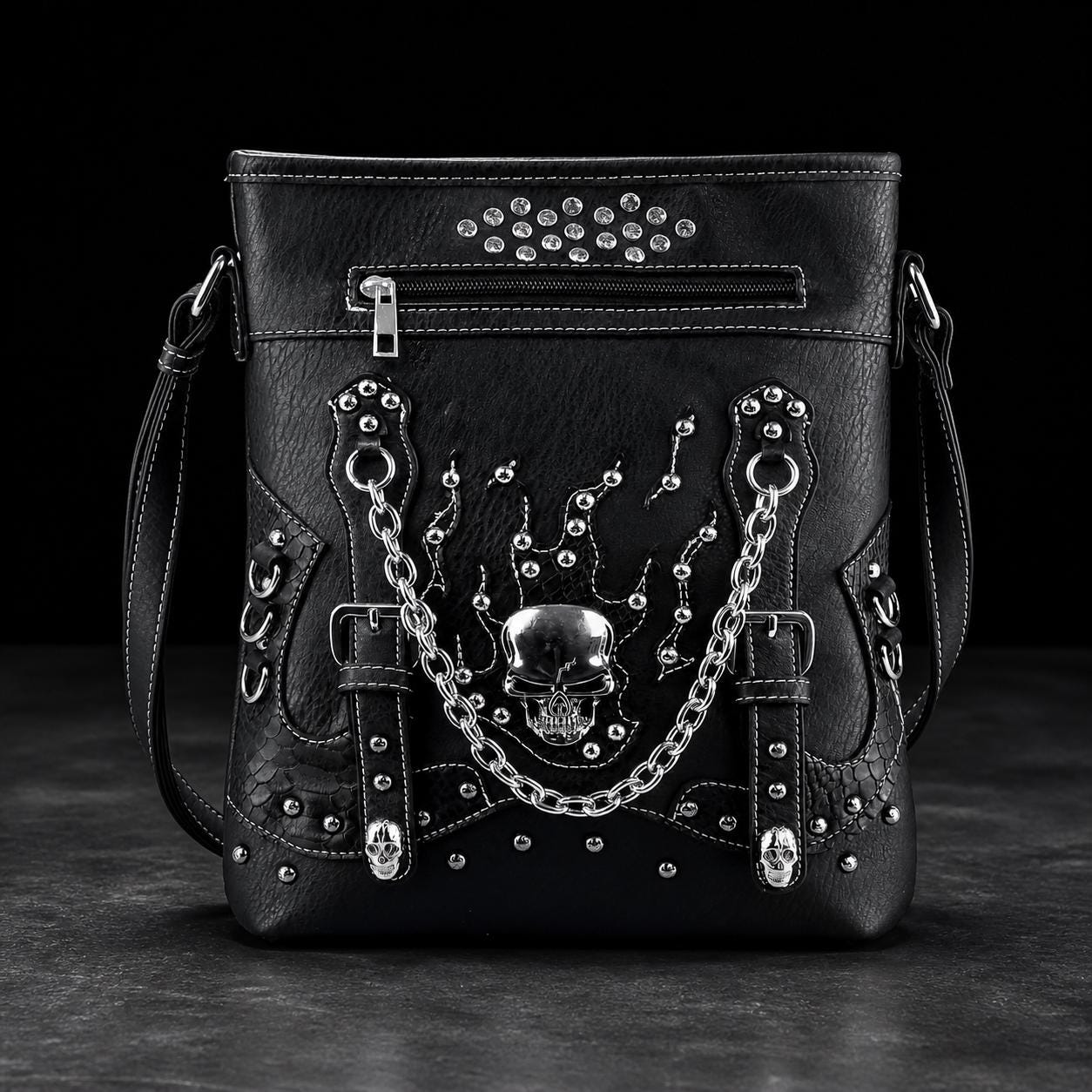 Studded Skull Crossbody Bag: Faux Leather Goth Biker Purse with Adjustable Shoulder Strap