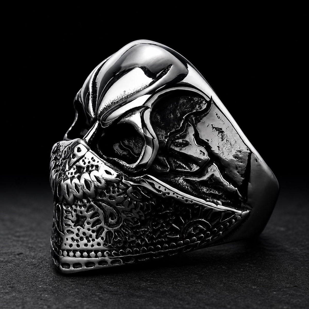 Heavy Stainless Steel Biker Ring: Skull Bandana Statement Jewelry for Men Sizes 9-13