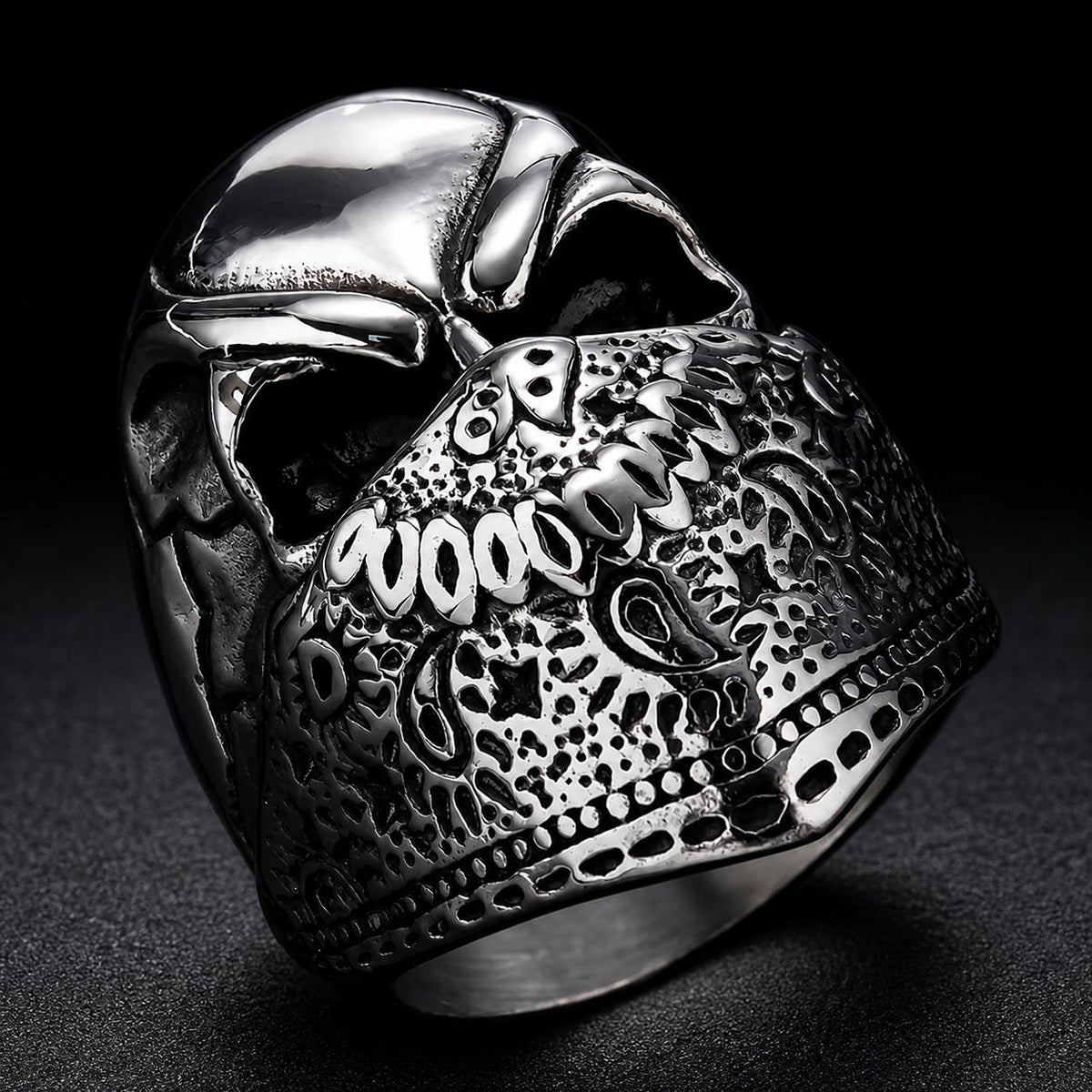 Heavy Stainless Steel Biker Ring: Skull Bandana Statement Jewelry for Men Sizes 9-13
