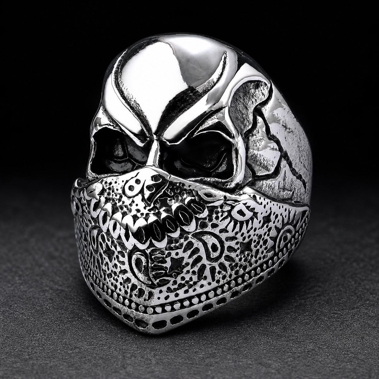 Heavy Stainless Steel Biker Ring: Skull Bandana Statement Jewelry for Men Sizes 9-13