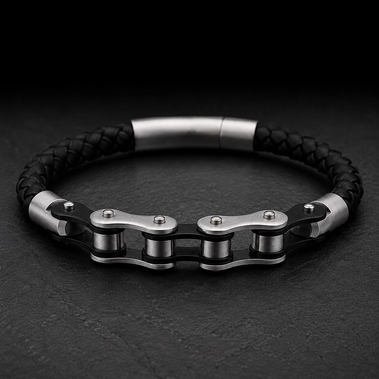 Handmade Leather Chain Link Motorcycle Bracelet for Men in Variety of Colors