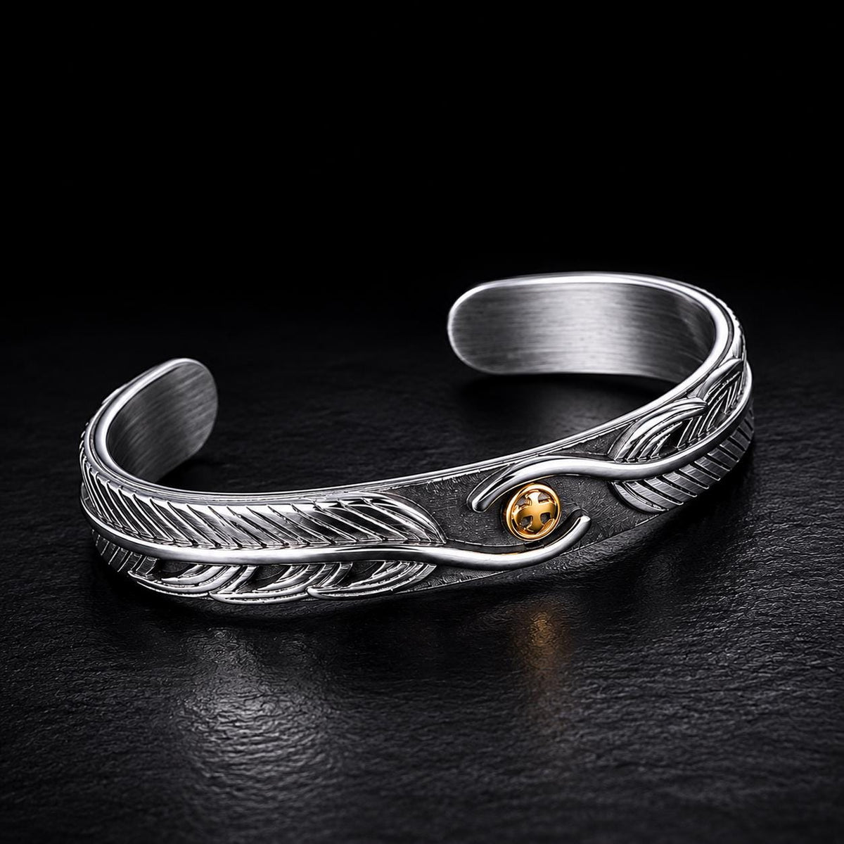 Feather Cuff Bracelet, Stainless Steel Biker Bracelet, Mixed Metal Adjustable Cuff, Unisex Western Jewelry Gift