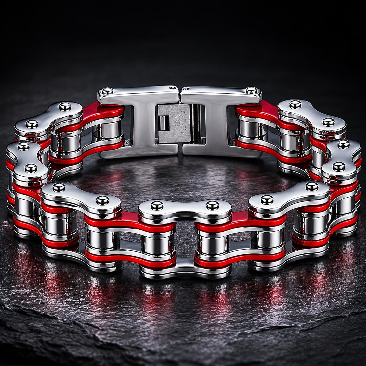 Motorcycle Chain Bracelet for Men, 316L Stainless Steel Biker Jewelry, Red Link Chain Bracelet, Rider Gift, Hypoallergenic