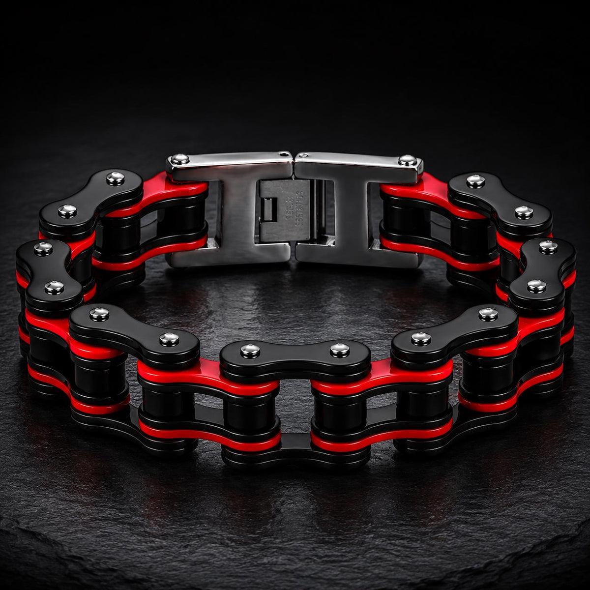 Men's Motorcycle Chain Bracelet, 316L Stainless Steel Statement Jewelry, Industrial Link Bracelet, Red Accent Metal Jewelry