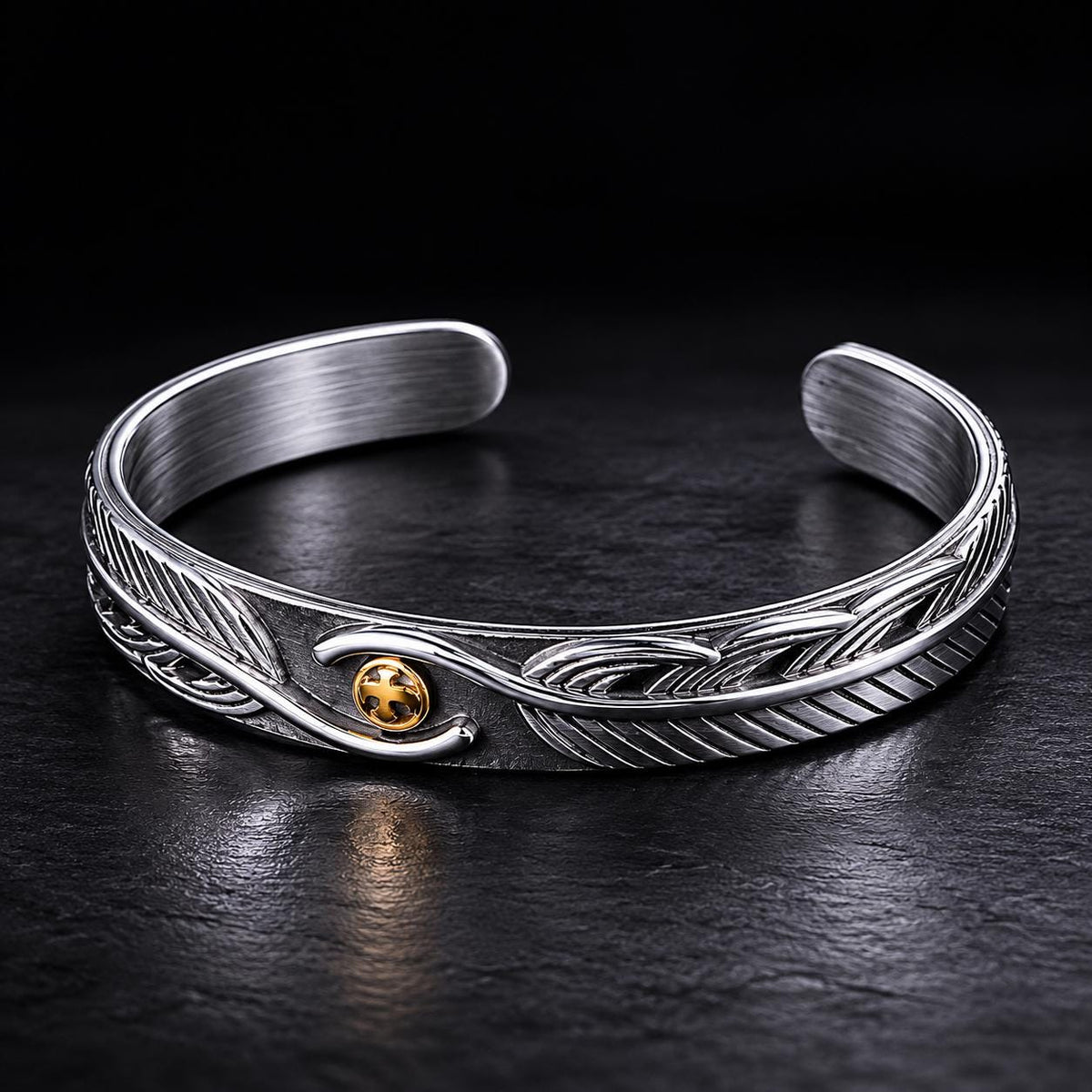Feather Cuff Bracelet, Stainless Steel Biker Bracelet, Mixed Metal Adjustable Cuff, Unisex Western Jewelry Gift