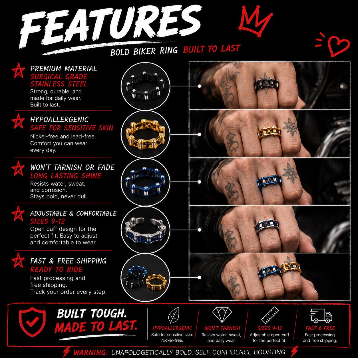 Men's Motorcycle Chain Ring, Stainless Steel Biker Ring, Moving Link Band, Tattoo Style Jewelry, Sizes 9-12