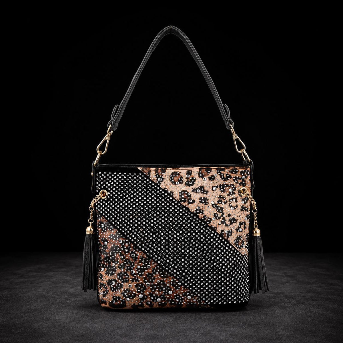 Leopard Rhinestone Crossbody Purse: Black Glam Statement Bag for Women
