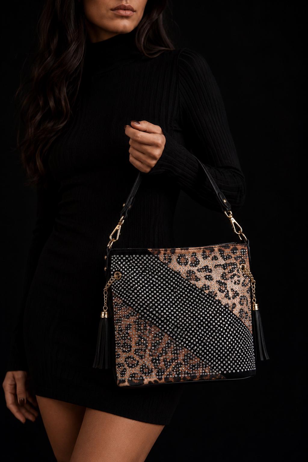 Leopard Rhinestone Crossbody Purse: Black Glam Statement Bag for Women