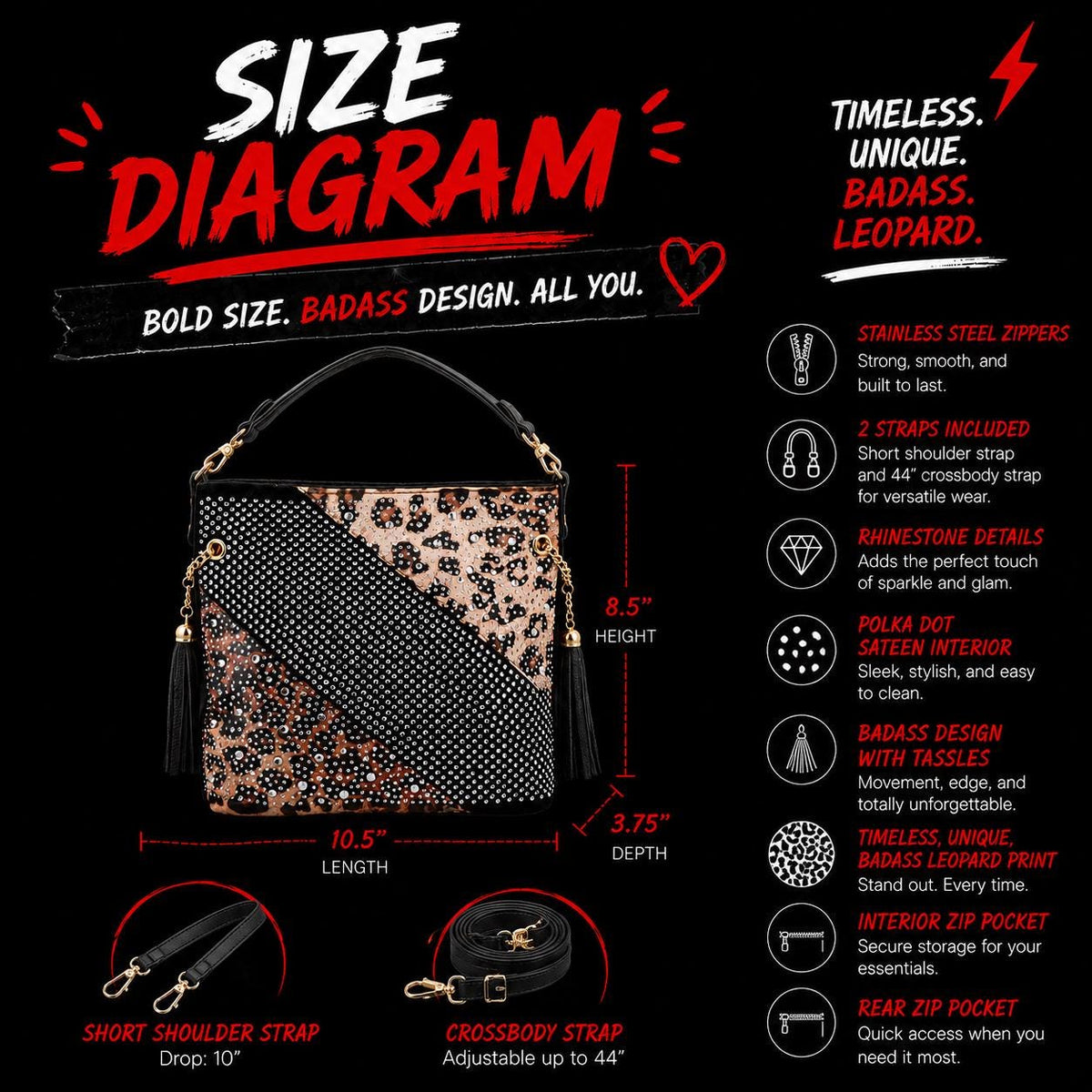 Leopard Rhinestone Crossbody Purse: Black Glam Statement Bag for Women