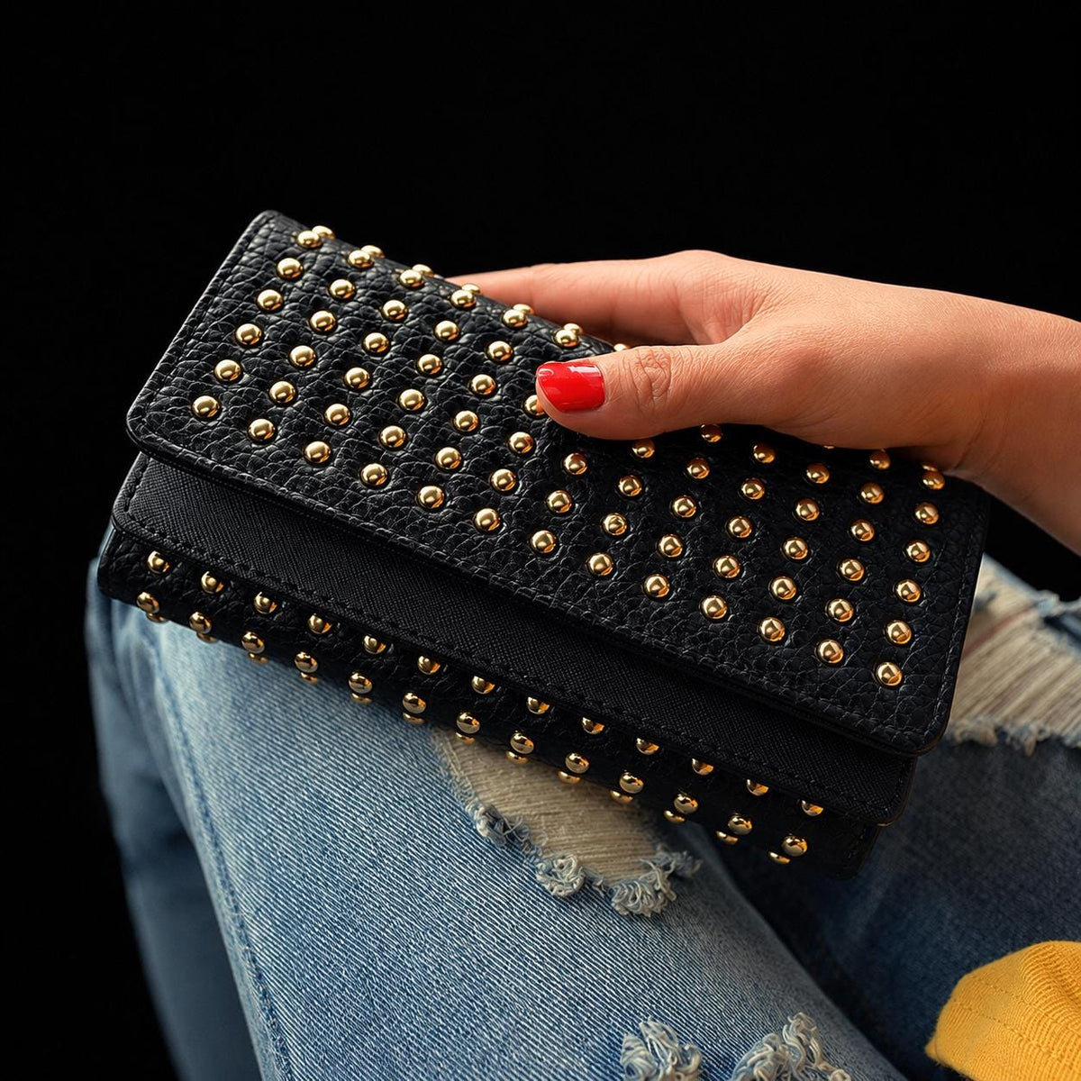 Black Studded Clutch Wallet, Faux Leather Organizer Wallet, Gold Stud Purse, Punk Rock Fashion Accessory, Womens Long Wallet