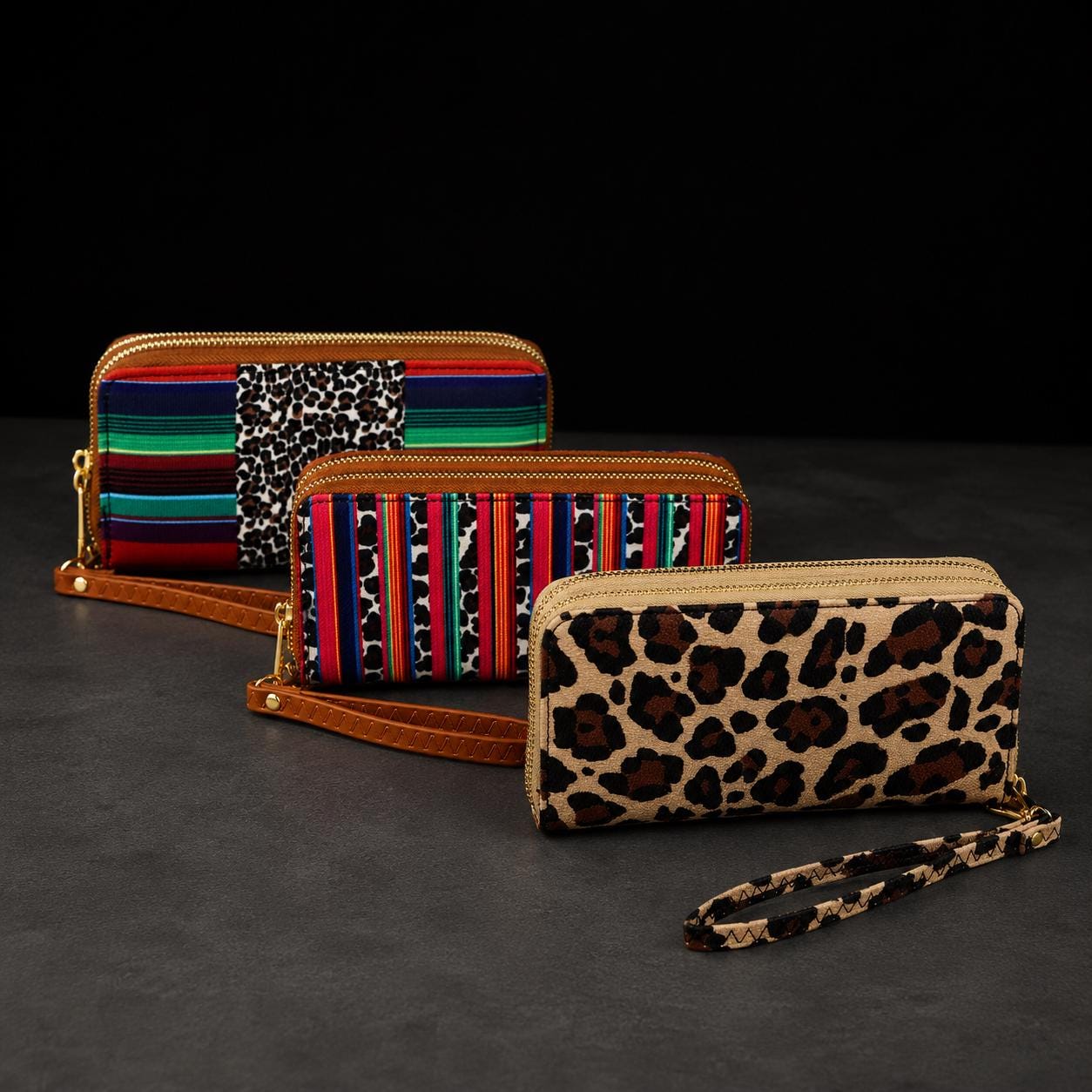 Western Boho Wristlet Wallet for Women, Leopard Serape Double Zip Wallet, Boutique Cowgirl Wristlet with Card Slots