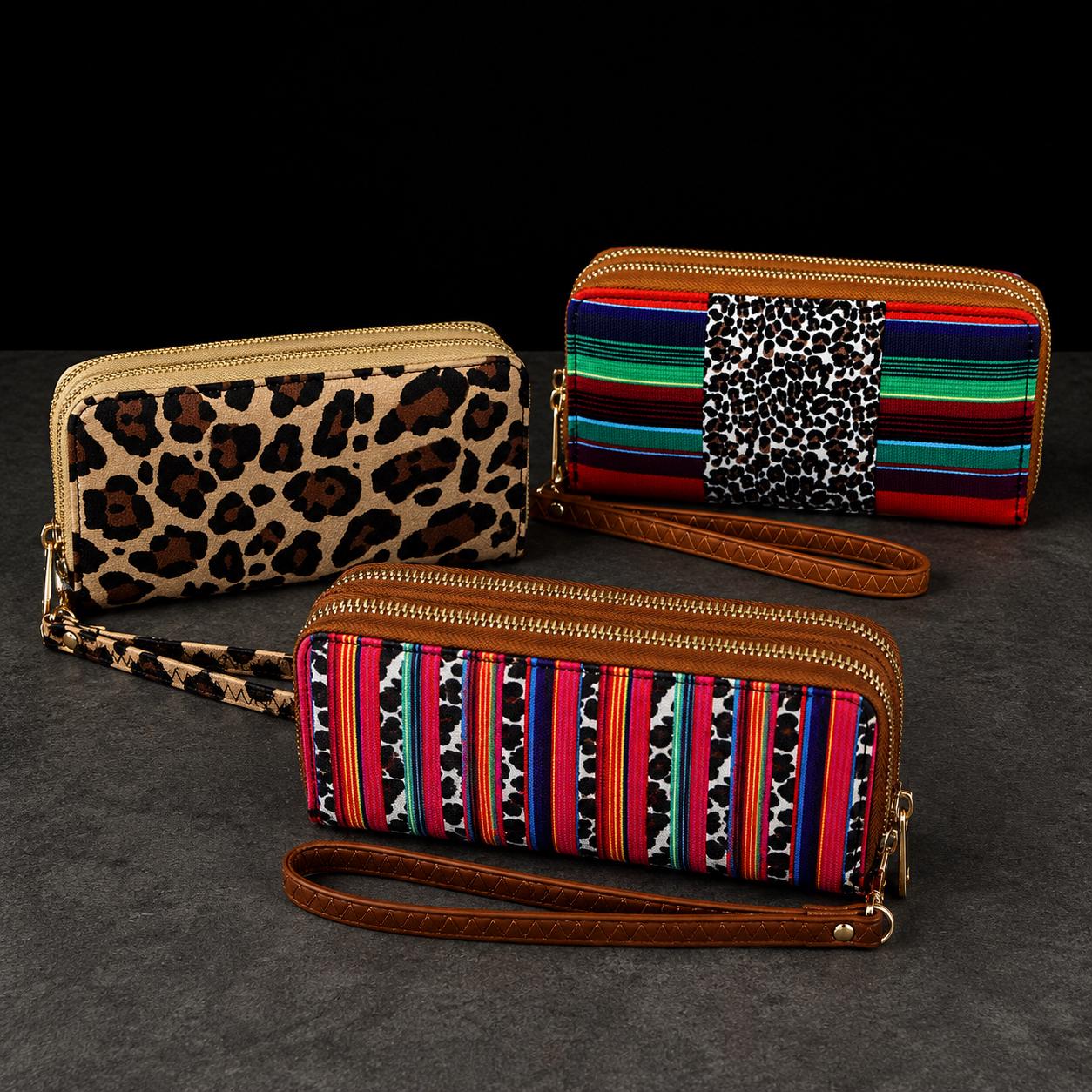 Western Boho Wristlet Wallet for Women, Leopard Serape Double Zip Wallet, Boutique Cowgirl Wristlet with Card Slots