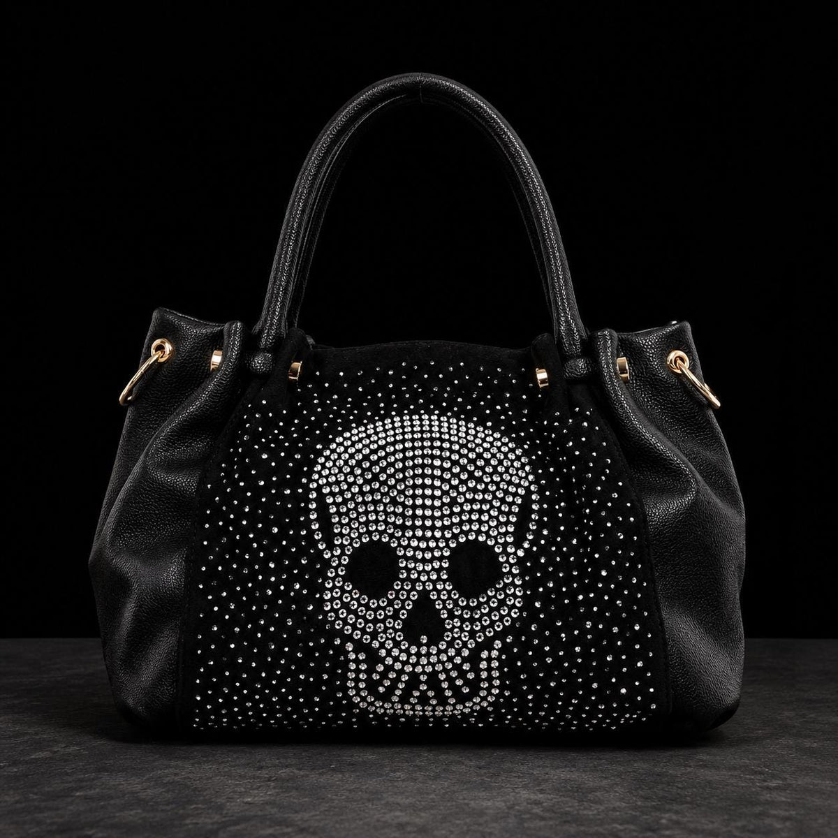 Rhinestone Skull Handbag, Black Faux Leather Purse, Gothic Shoulder Bag, Biker Chic Fashion Tote, Statement Gift