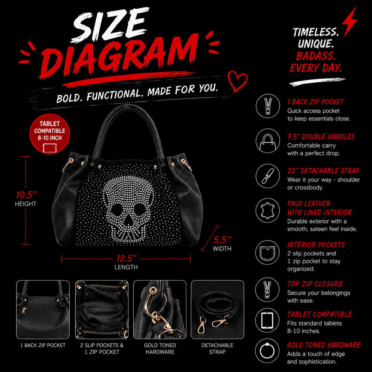 Rhinestone Skull Handbag, Black Faux Leather Purse, Gothic Shoulder Bag, Biker Chic Fashion Tote, Statement Gift