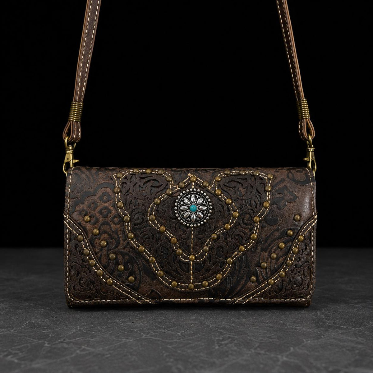 Dark Brown Tooled Western Wallet for Women, Floral Trifold Wallet, Crossbody Wristlet Clutch, Brown Faux Leather Rodeo Concert Purse