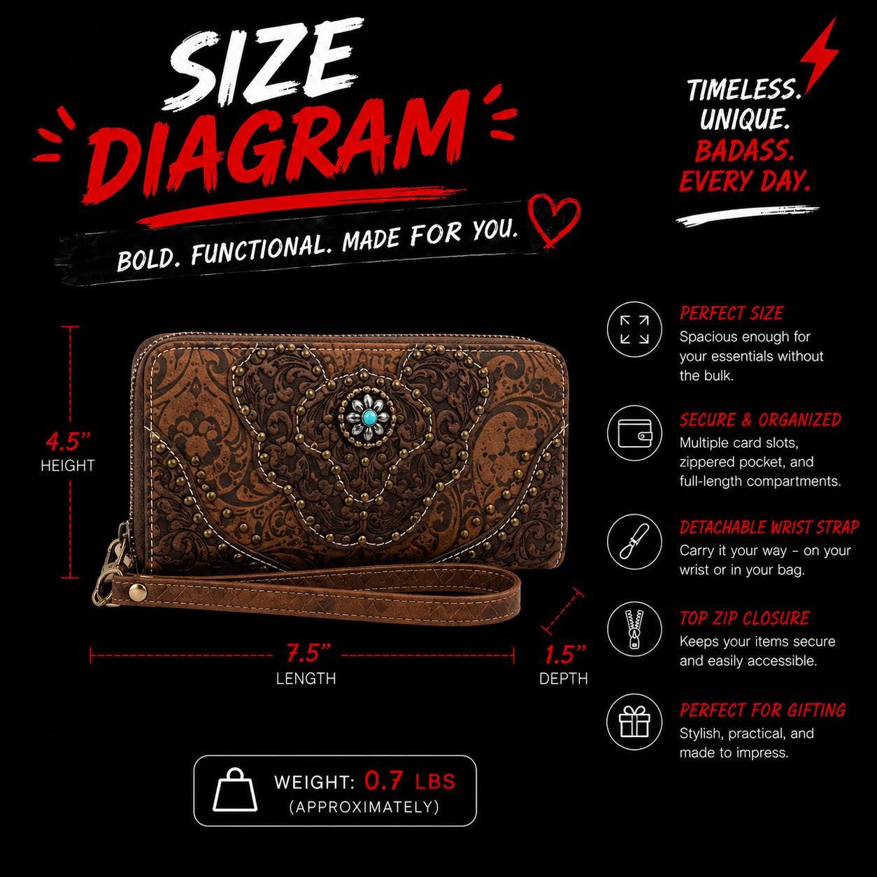 Turquoise Western Wristlet Crossbody Wallet, Tooled Faux Leather Trifold with Strap