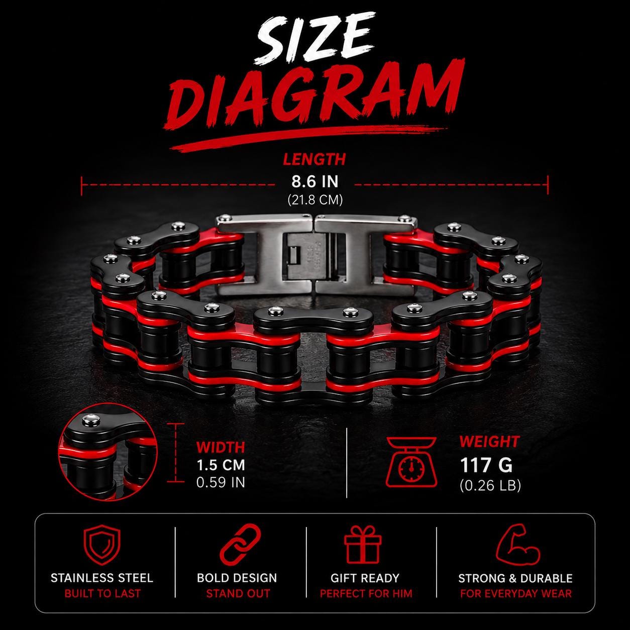Motorcycle Chain Bracelet for Men, 316L Stainless Steel Biker Jewelry, Red Link Chain Bracelet, Rider Gift, Hypoallergenic