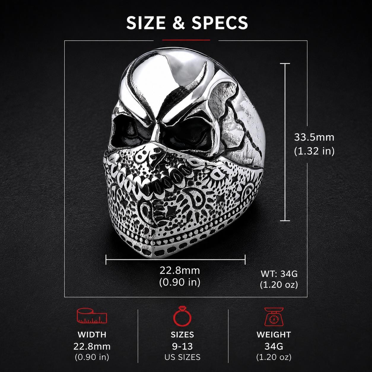 Stainless Steel Skull Ring, Biker Bandana Ring, Gothic Men's Statement Jewelry, Motorcycle Rider Gift, 316L Skull Ring