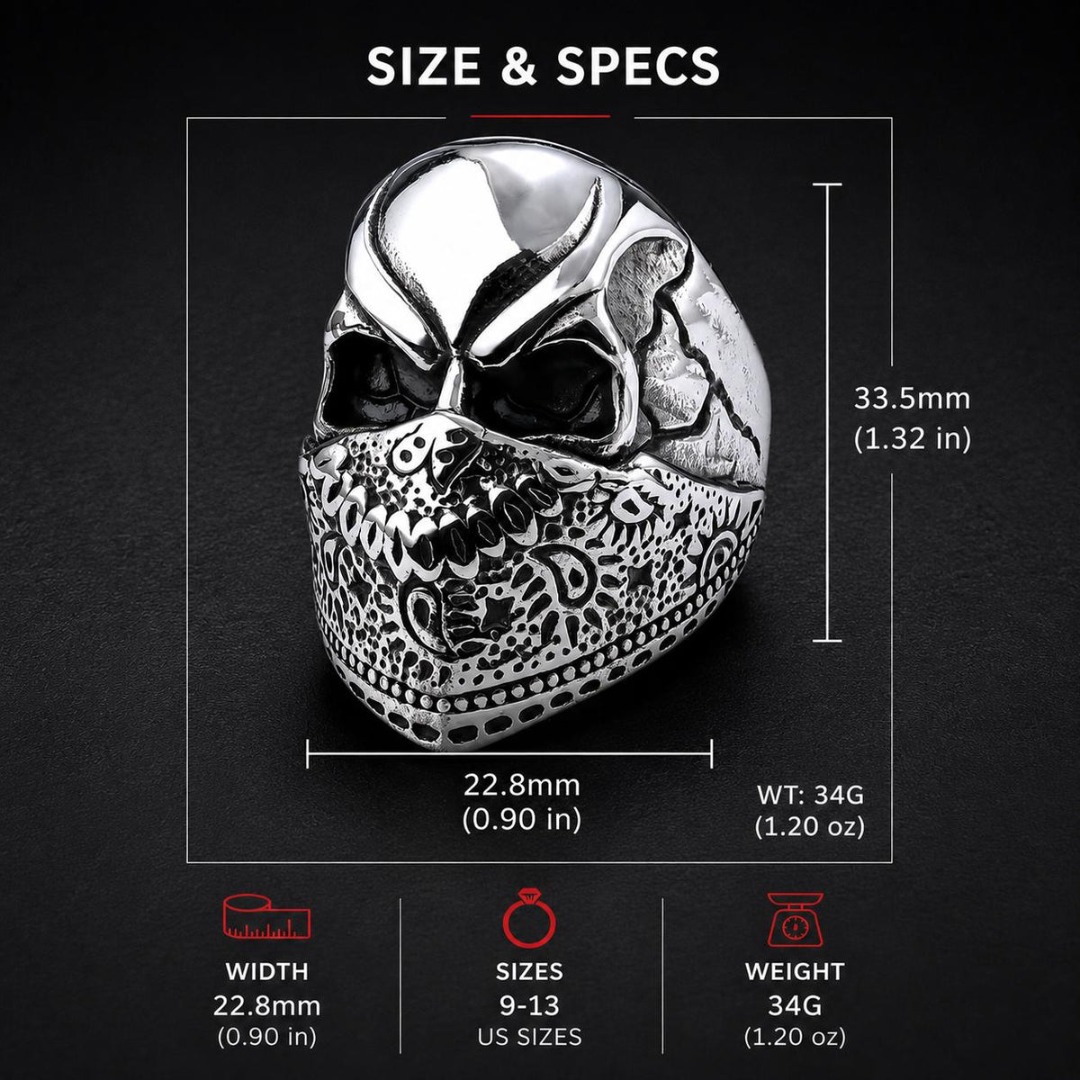 Stainless Steel Skull Ring, Biker Bandana Ring, Gothic Men's Statement Jewelry, Motorcycle Rider Gift, 316L Skull Ring