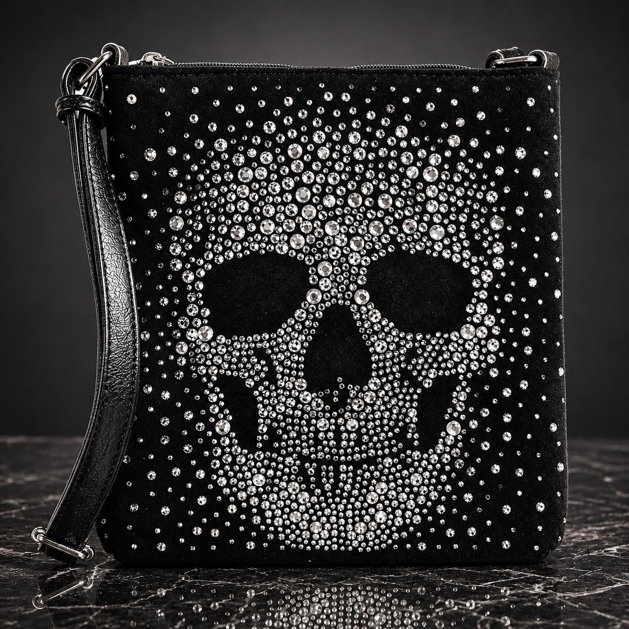Rhinestone Skull Crossbody Bag, Goth Faux Leather Purse, Biker Crossbody Handbag, Rocker Statement Bag, Everyday Shoulder Bag