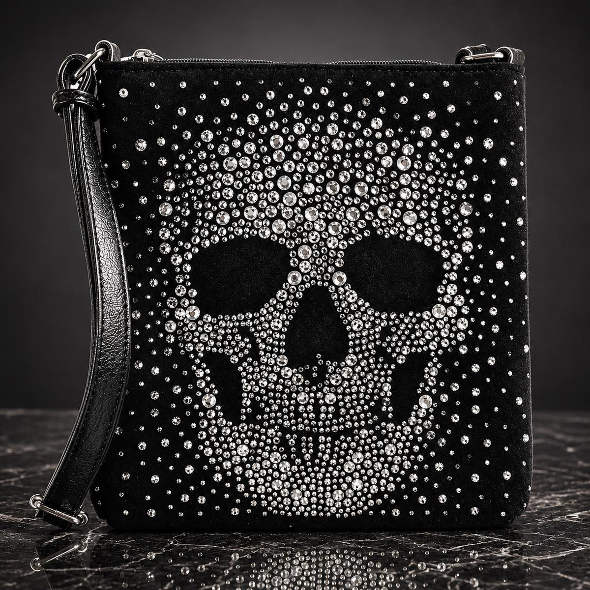 Rhinestone Skull Crossbody Bag, Goth Faux Leather Purse, Biker Crossbody Handbag, Rocker Statement Bag, Everyday Shoulder Bag