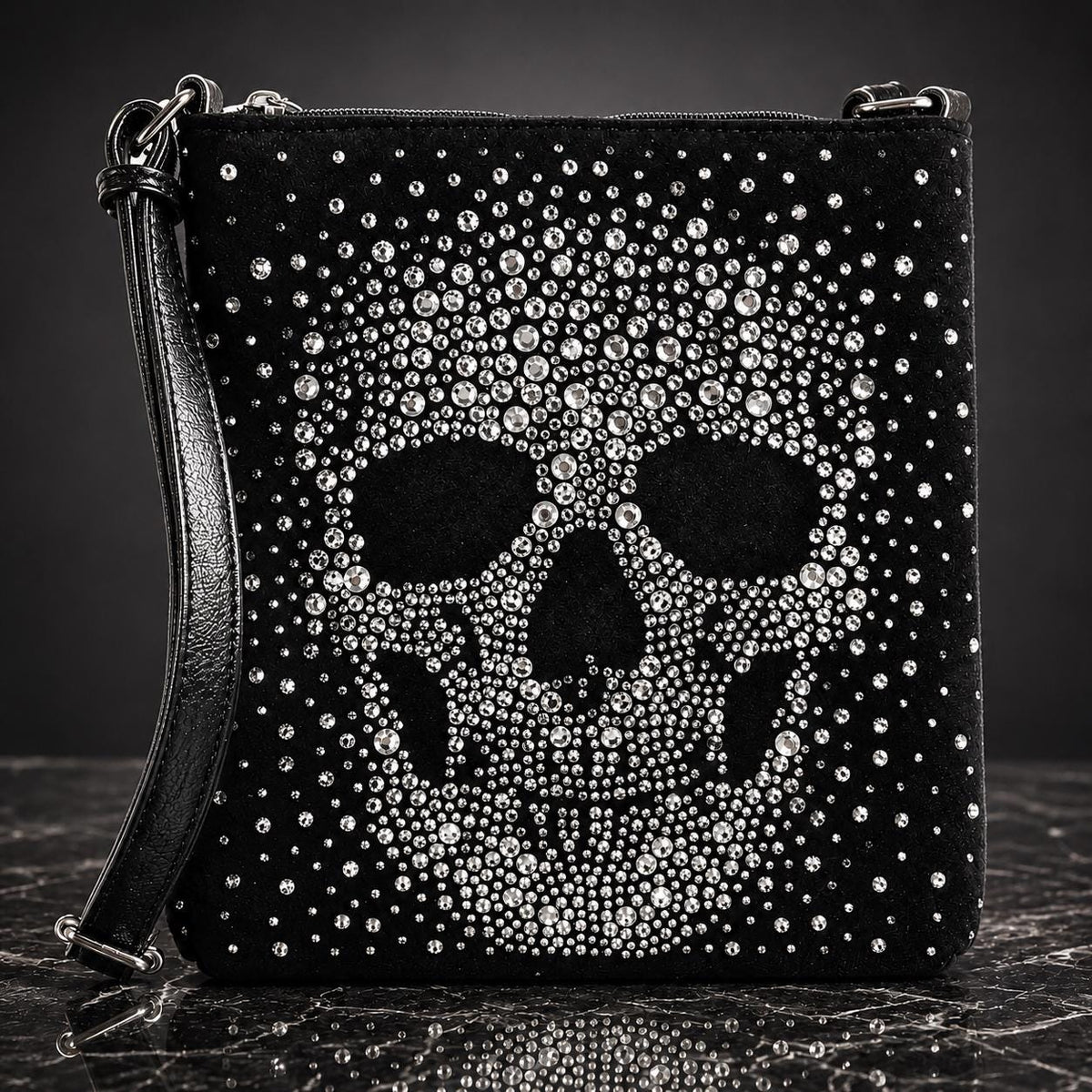 Rhinestone Skull Crossbody Bag, Goth Faux Leather Purse, Biker Crossbody Handbag, Rocker Statement Bag, Everyday Shoulder Bag