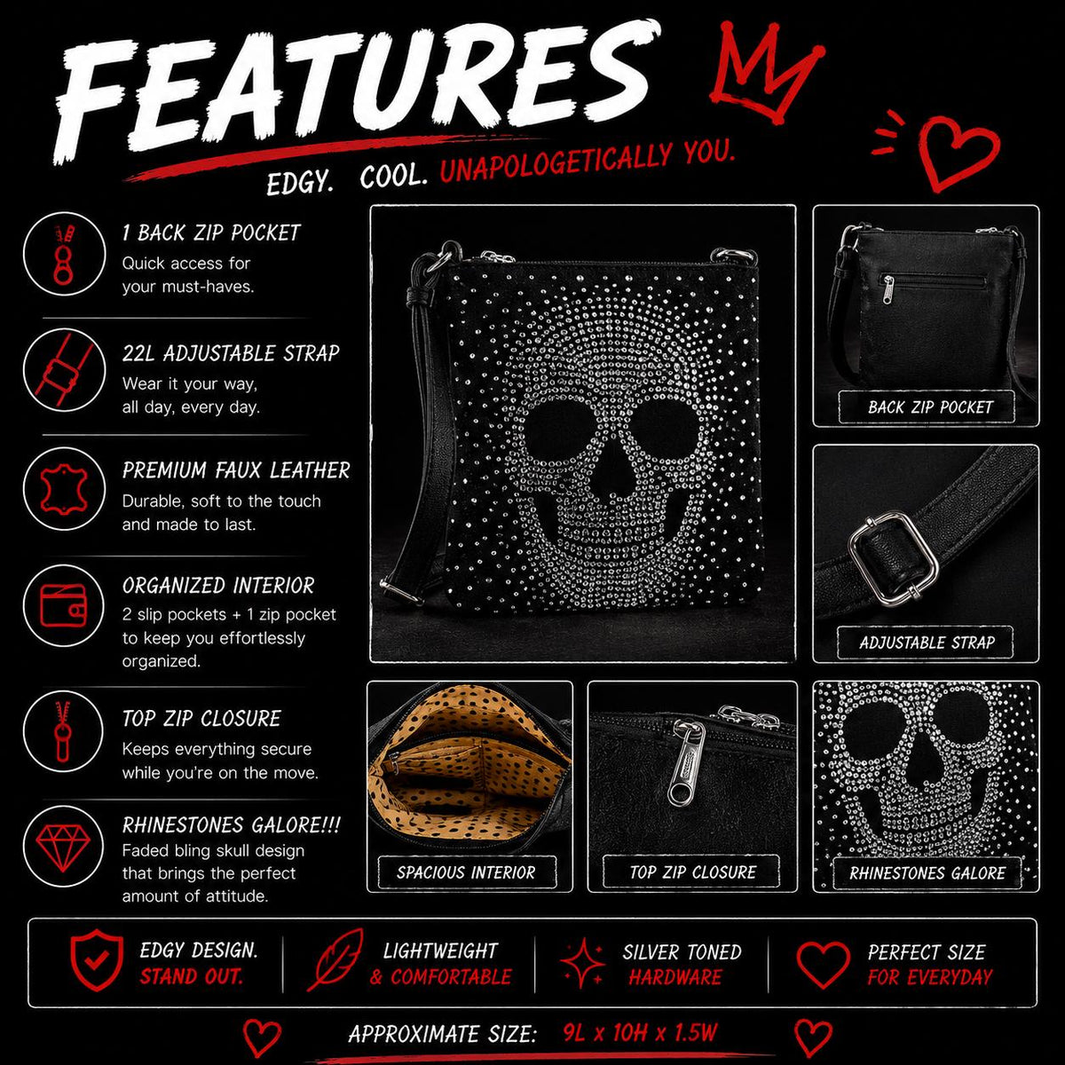 Rhinestone Skull Crossbody Bag, Goth Faux Leather Purse, Biker Crossbody Handbag, Rocker Statement Bag, Everyday Shoulder Bag