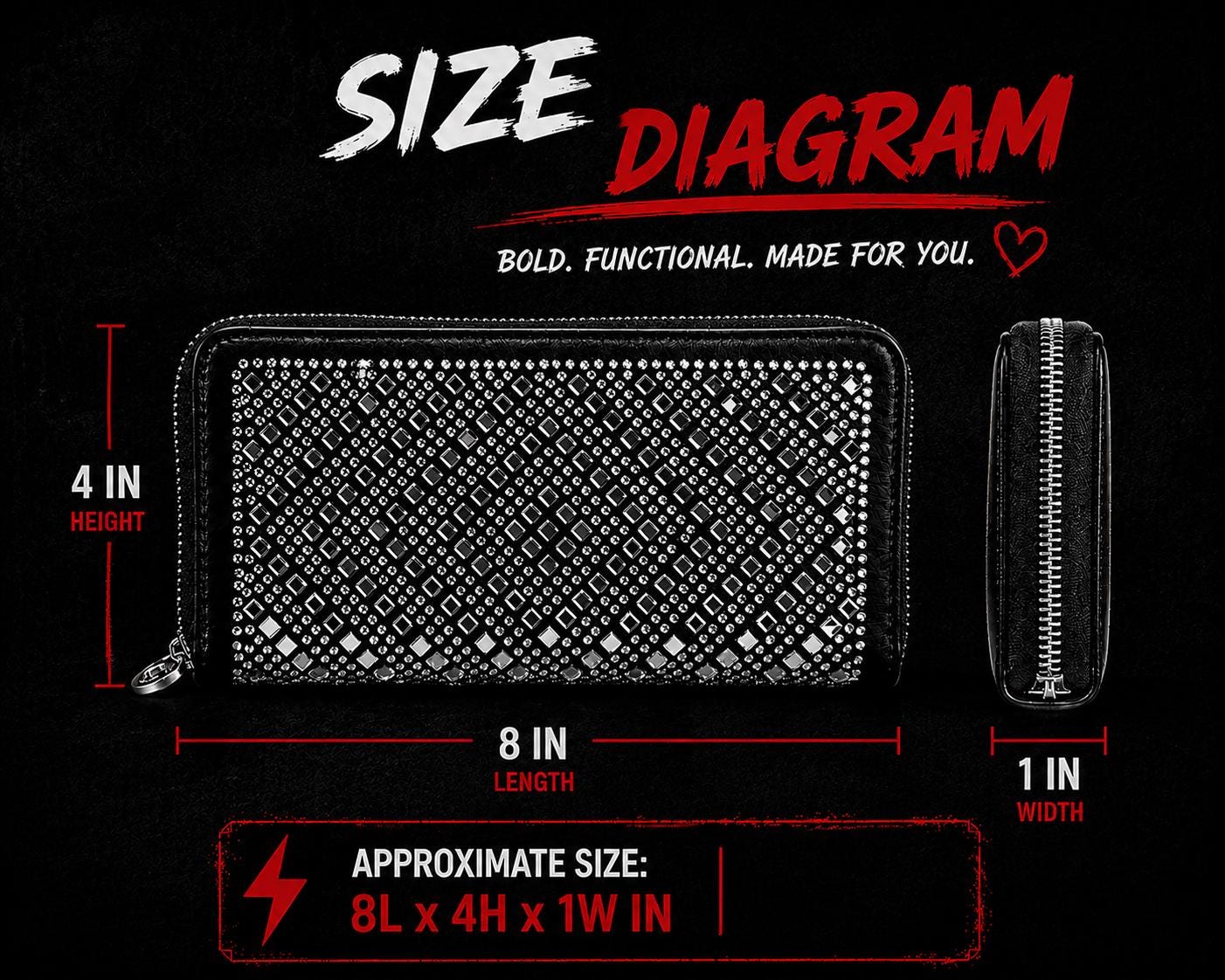Black Rhinestone Wallet, Zip Around Accordion Wallet, Faux Leather Organizer, Bling Women's Wallet, Gothic Biker Gift
