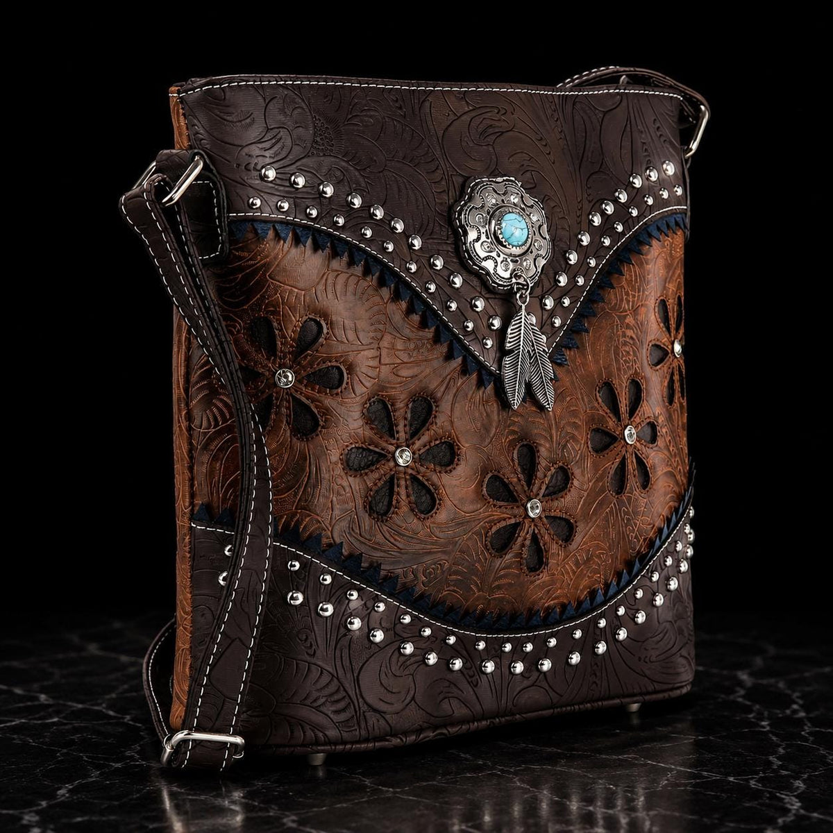 Western Floral Tooled Faux Leather Crossbody Turquoise Concho Handbag