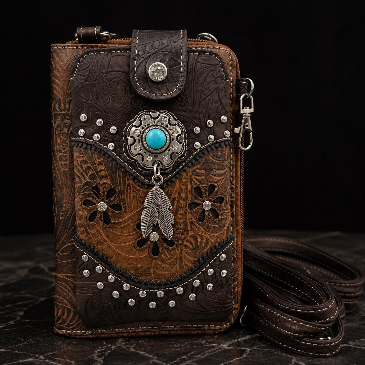 Matching Western Purse & Wallet Set: Tooled Faux Leather Crossbody with Turquoise Concho