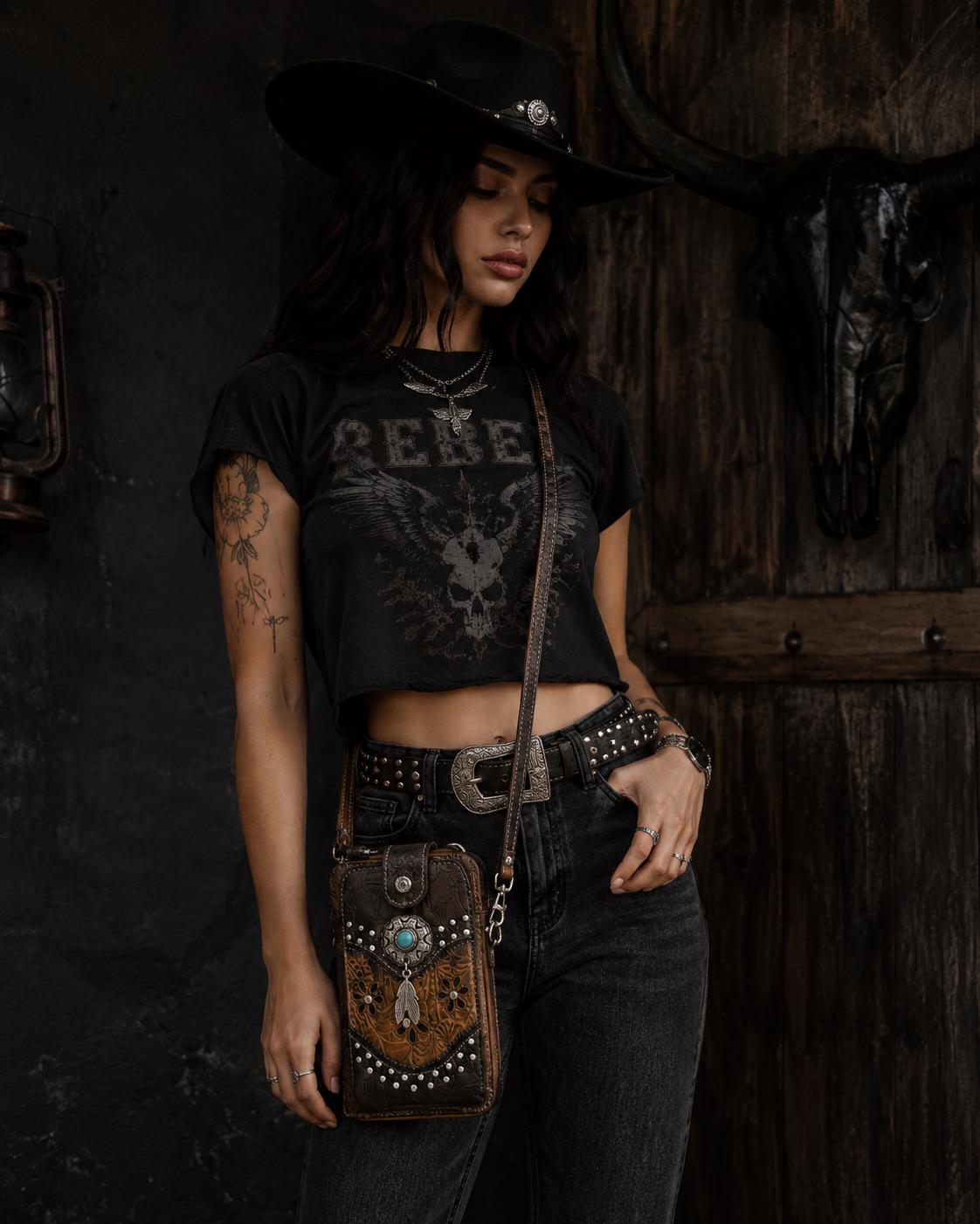 Matching Western Purse & Wallet Set: Tooled Faux Leather Crossbody with Turquoise Concho