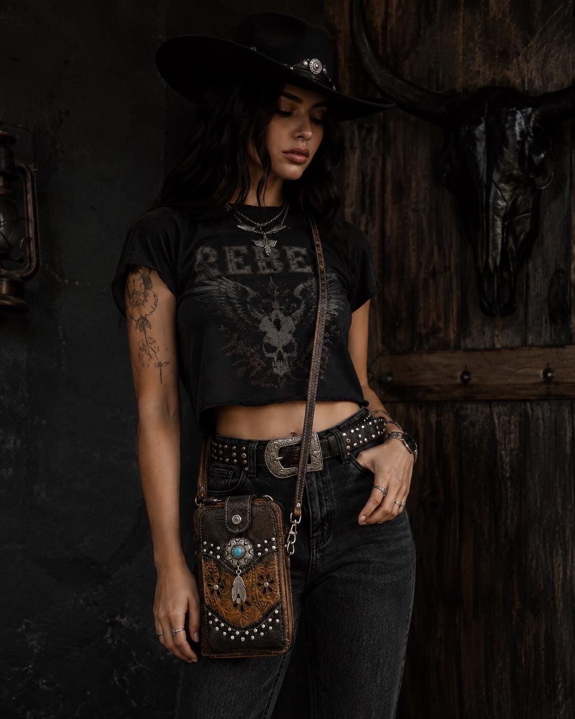 Matching Western Purse & Wallet Set: Tooled Faux Leather Crossbody with Turquoise Concho