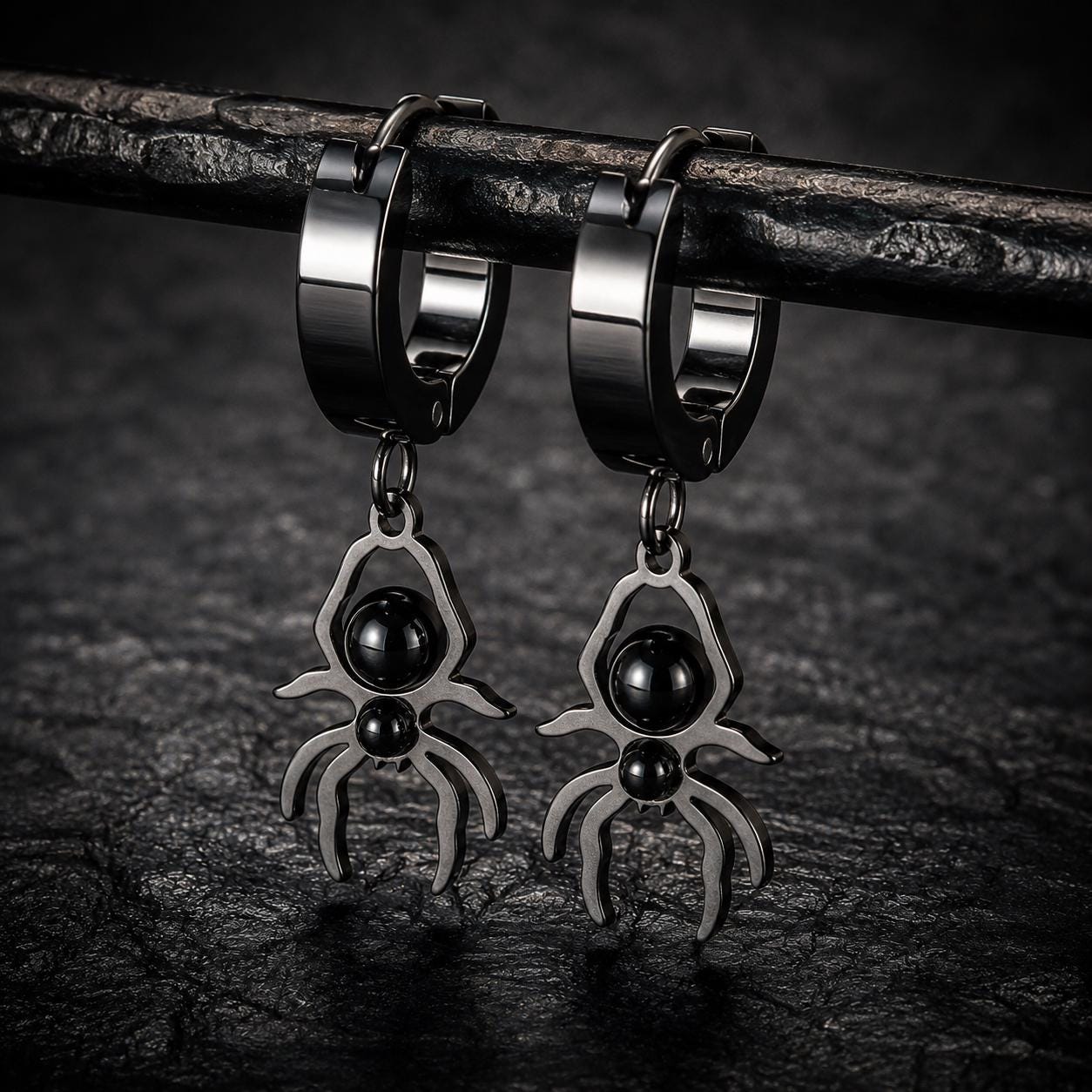 lack Spider Huggie Earrings, 316L Stainless Steel Hoops, Goth Earrings, Faux Gauge Look, Unisex Alternative Punk Jewelry