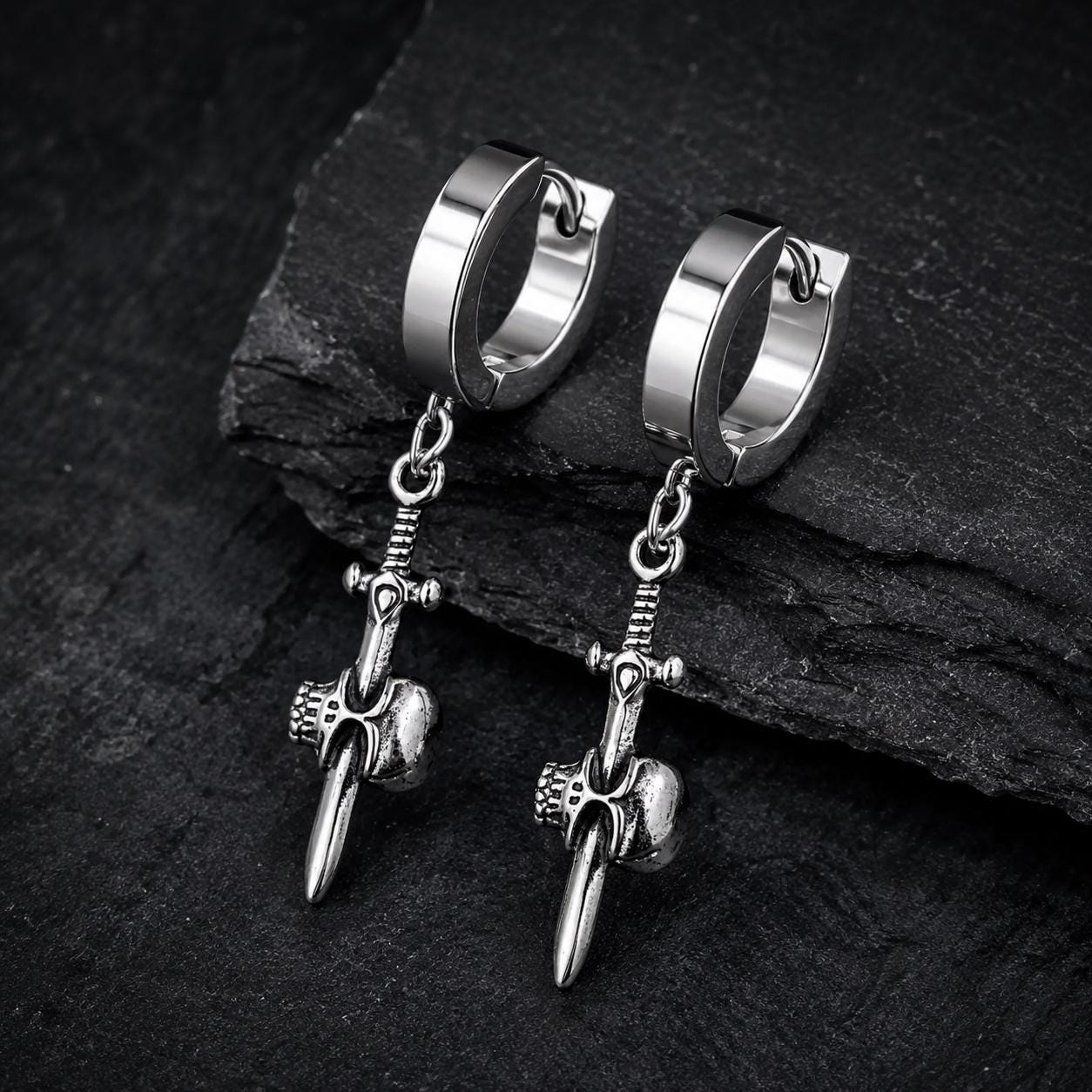 Skull Dagger Huggie Earrings, Stainless Steel Gothic Hoop Earrings, Unisex Biker Jewelry