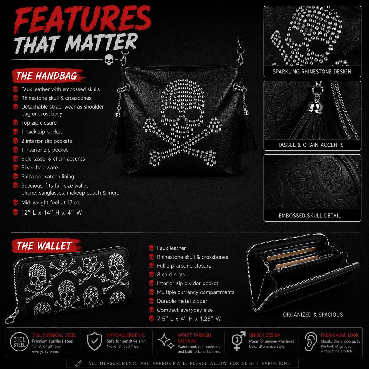 Rhinestone Skull Handbag and Wallet Set, Black Gothic Crossbody Purse with Skull and Crossbones Wallet