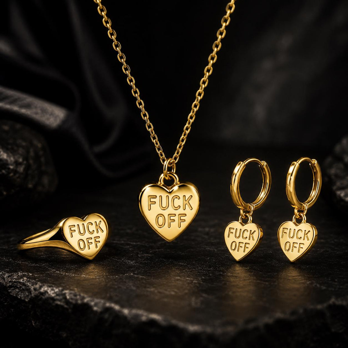 Fuck Off Jewelry Set, Gold Heart Necklace Ring & Earrings, Funny Gift for Her, Rude Jewelry, Alternative Punk Jewelry Set