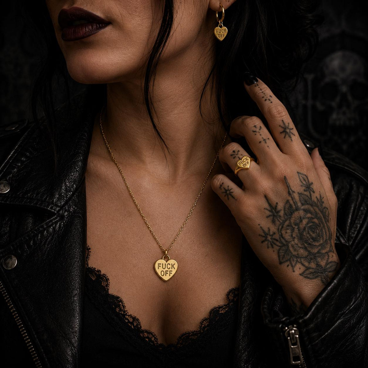 Gold Fuck Off Jewelry Set: Stainless Steel Necklace and Ring Bundle