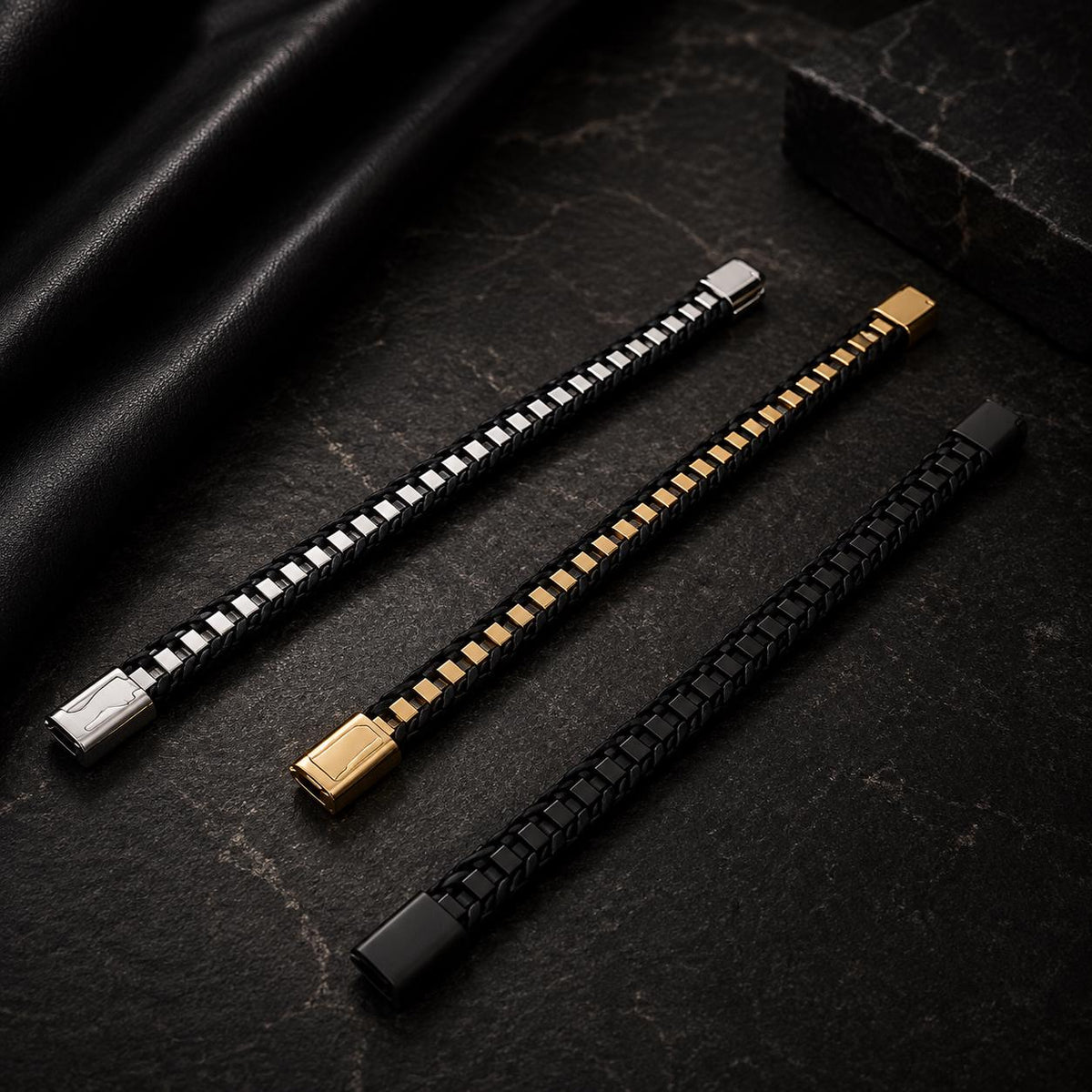 Men's Leather Bracelet, Stainless Steel Magnetic Clasp, 13mm Braided Faux Leather, Gold Silver or Black, Everyday Men's Jewelry