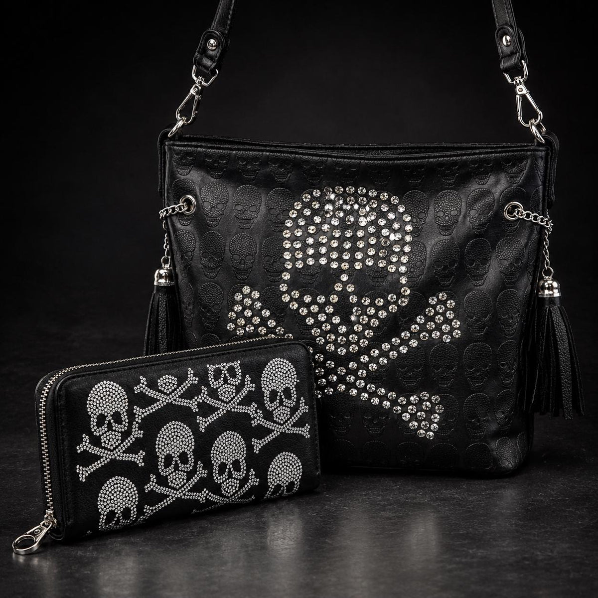 Rhinestone Skull Handbag and Wallet Set, Black Gothic Crossbody Purse with Skull and Crossbones Wallet
