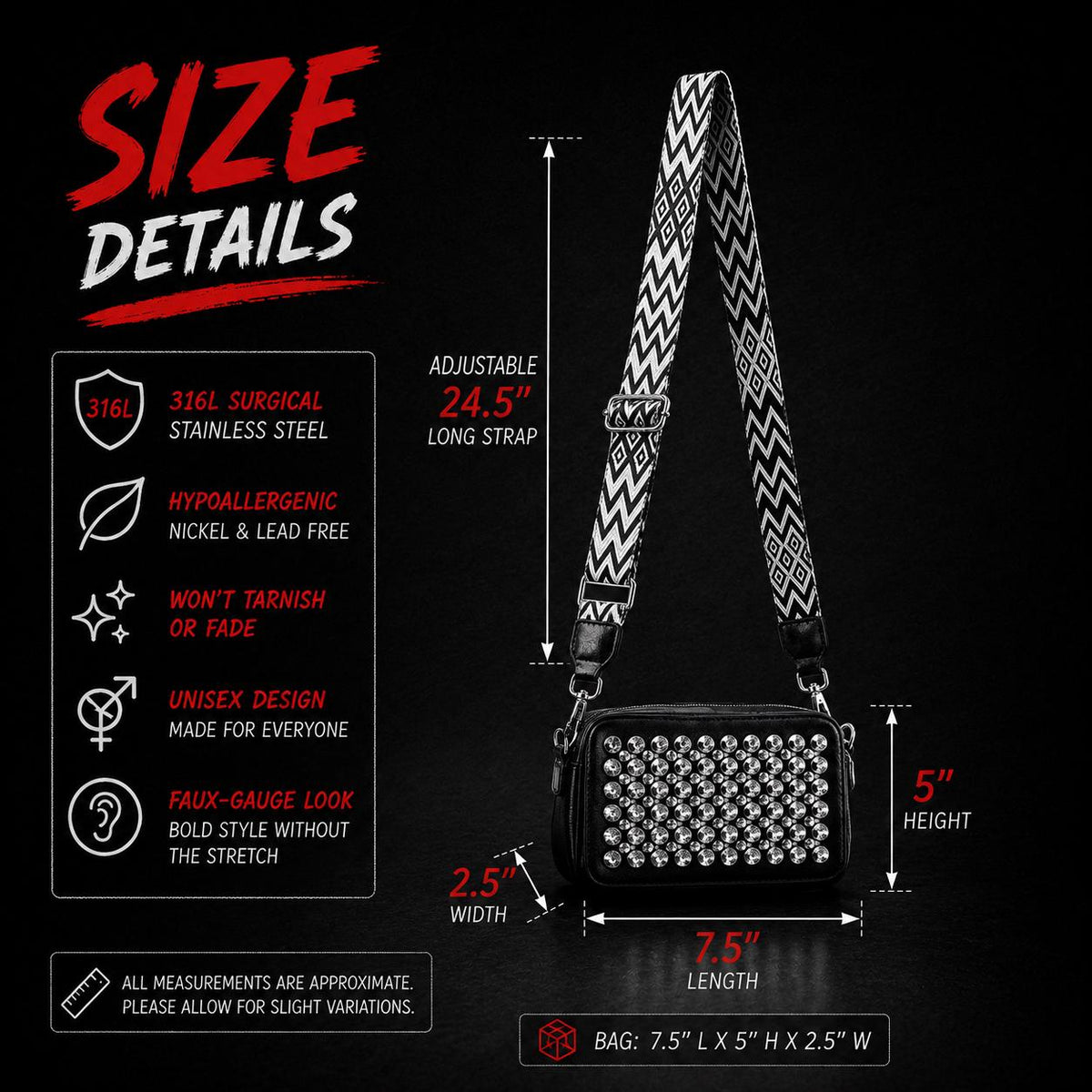 Studded Faux Leather Crossbody Bag, Rock Style Shoulder Purse, Punk Alt Fashion
