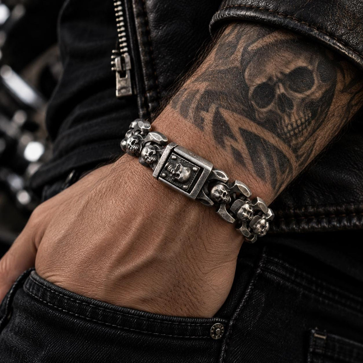 Heavy Stainless Steel Skull Bracelet for Men: Biker Chain Design