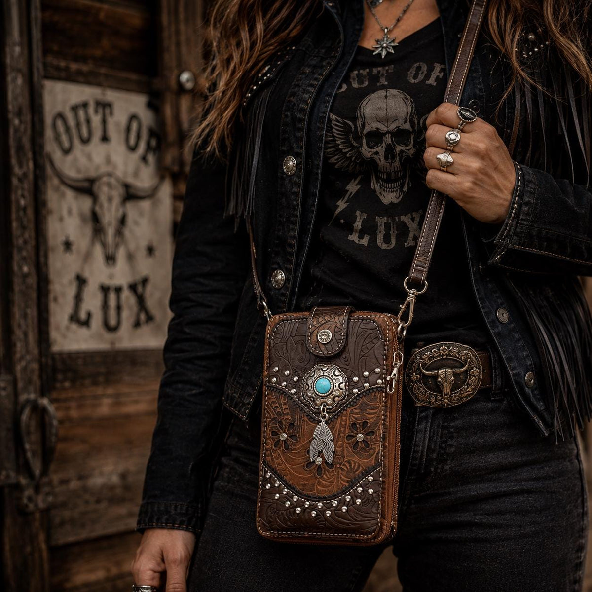 Western Tooled Faux Leather Phone Crossbody: Cowgirl Wallet Purse with Turquoise Concho